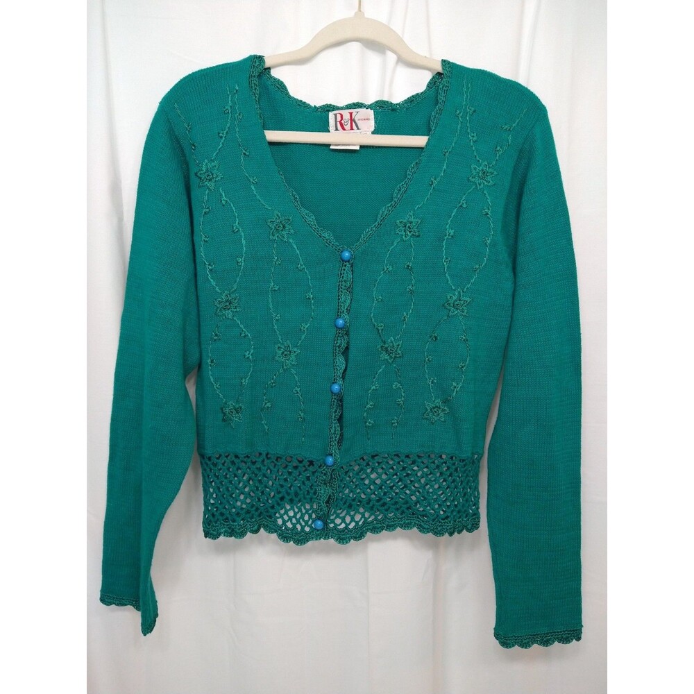 Vintage R&K Originals Size 14 Green Button Up Cardigan Crochet Embroidery Lace
